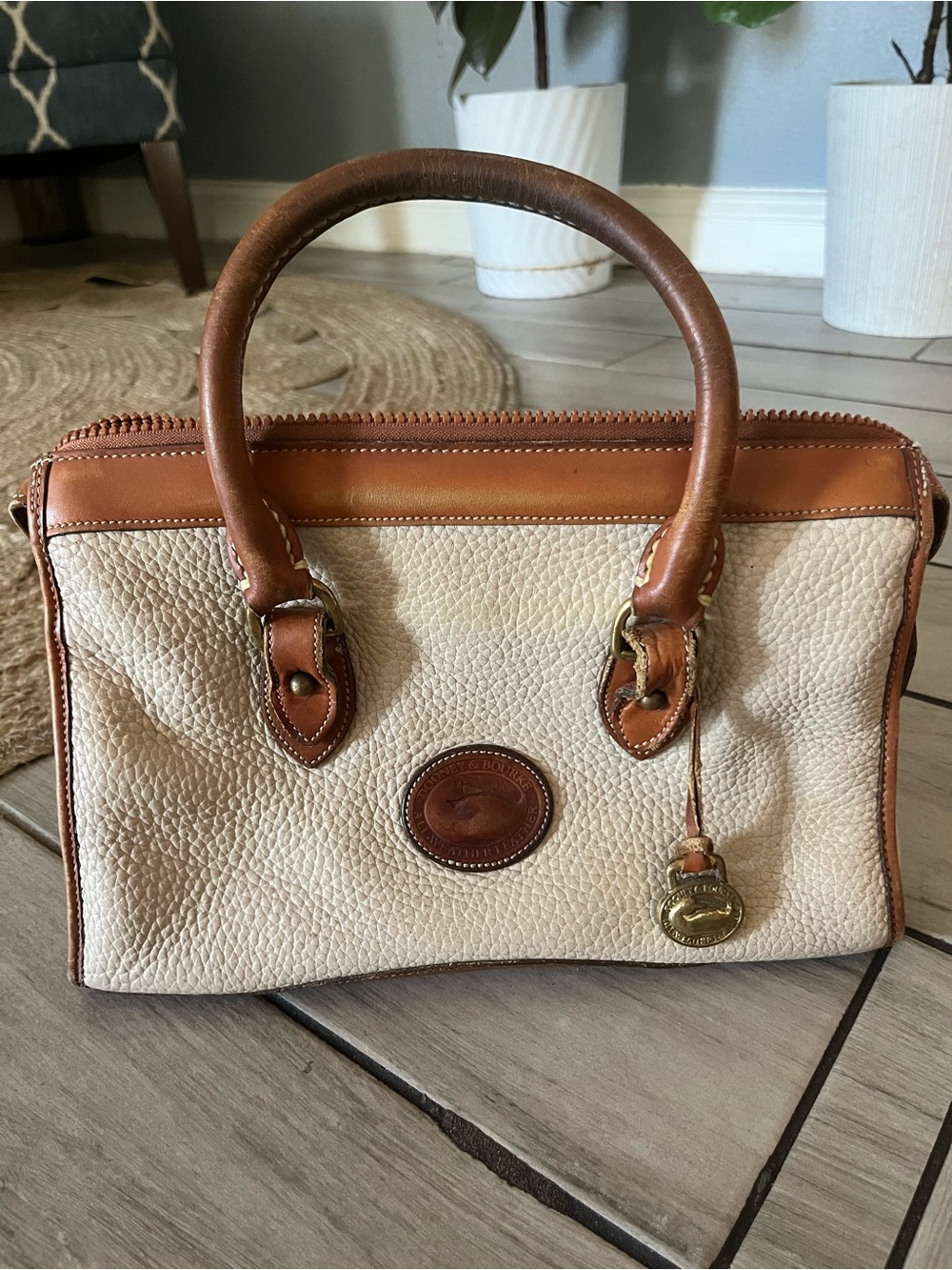Dooney & Bourke Cream Pebbled Leather Satchel with Brown Trim